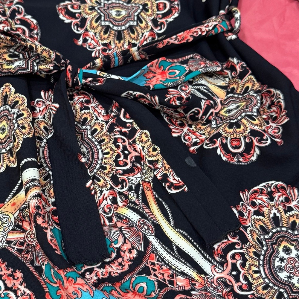 Women's Boho Paisley Print Dress Bell Sleeve Tie Waist Navy Teal Coral Size L